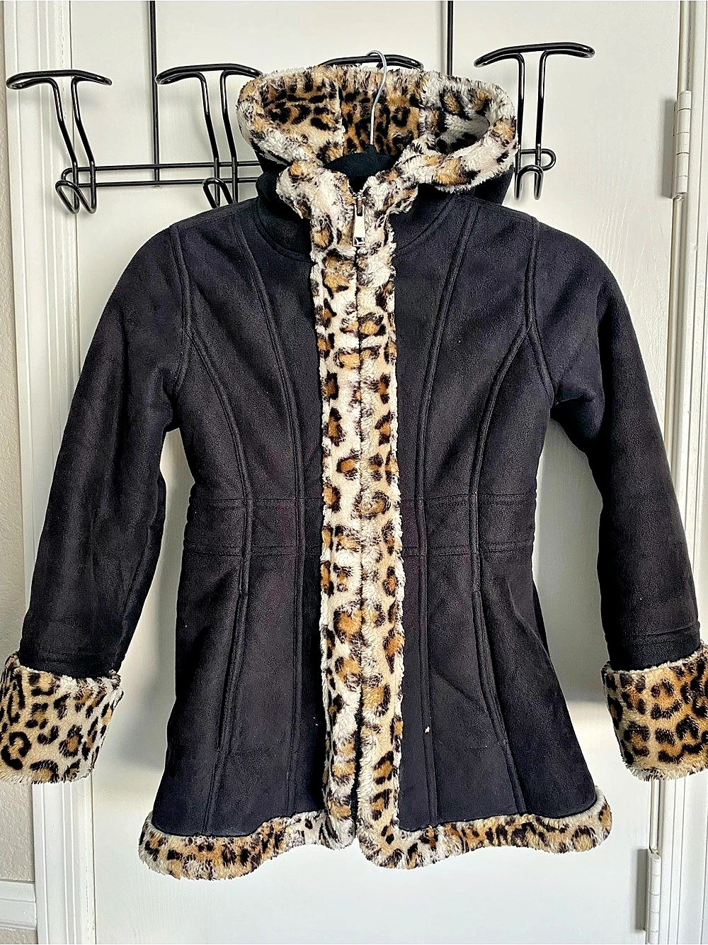 Hawke & Co Girls 7/8 Black Faux Suede Leopard Sherpa Lined Hooded Winter Coat